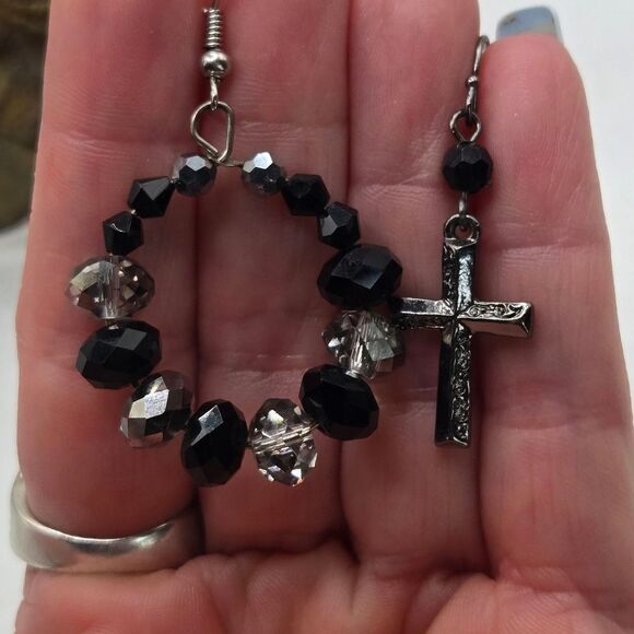 "5/$25" Mismatched Cross Circle Drop Black Crystal Silvertone Dangle Earrings - Picture 8 of 8
